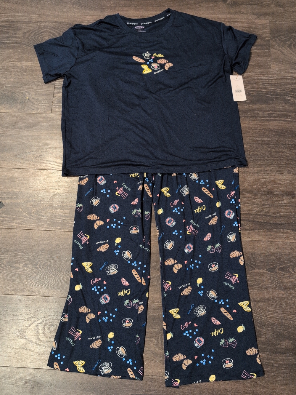 Women's PJ Navy Soft Short Sleeves With Pants 2 Piece Set Coffee Espresso L NWT